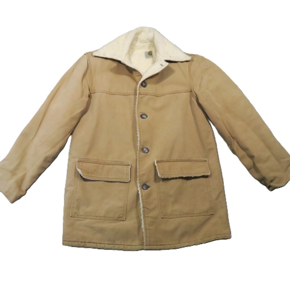 Vintage Carhartt Sherpa Lined Chore Coat Jacket Mens 40 Tan Duck Canvas Western